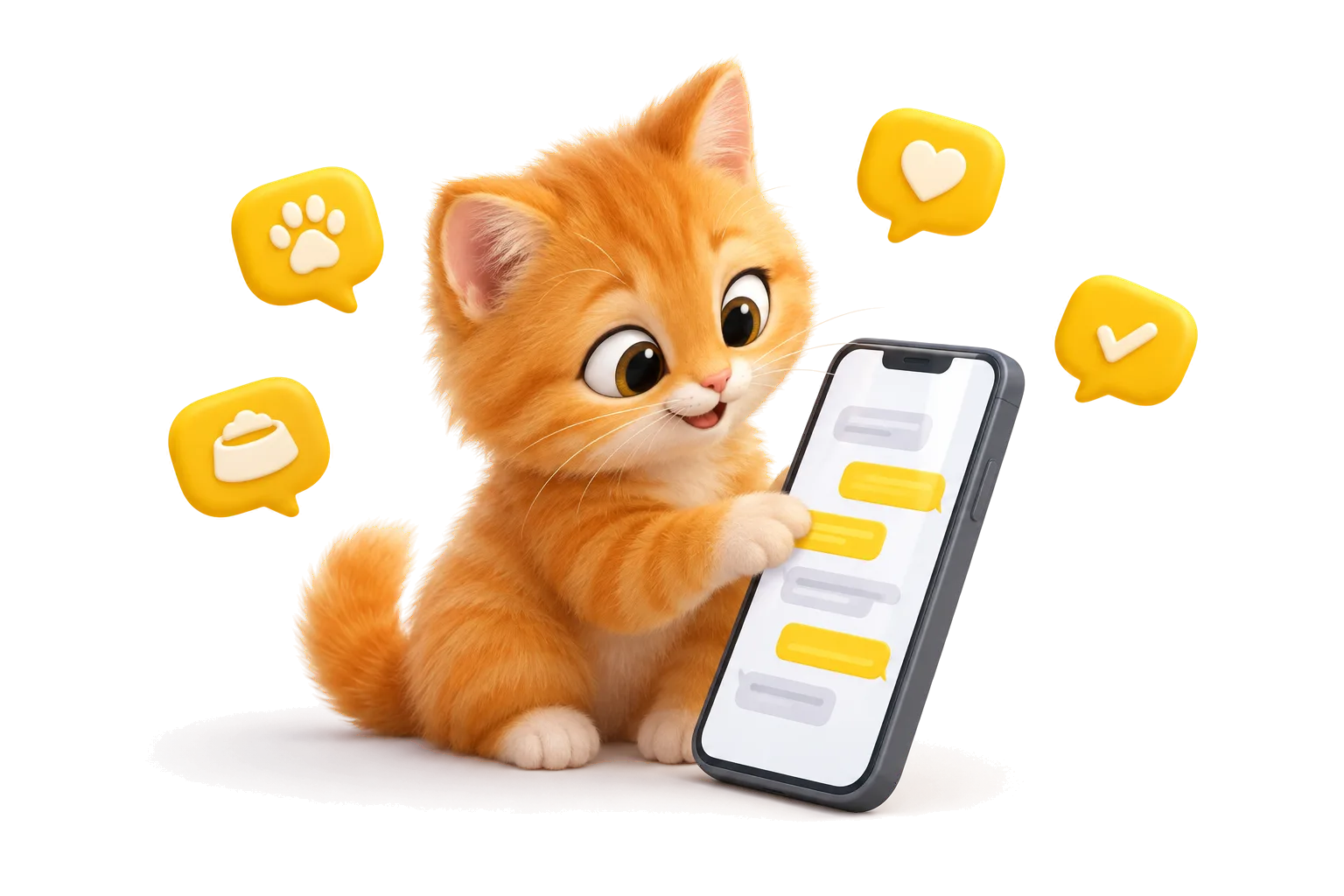 Котёнок переписывается в чате на телефоне